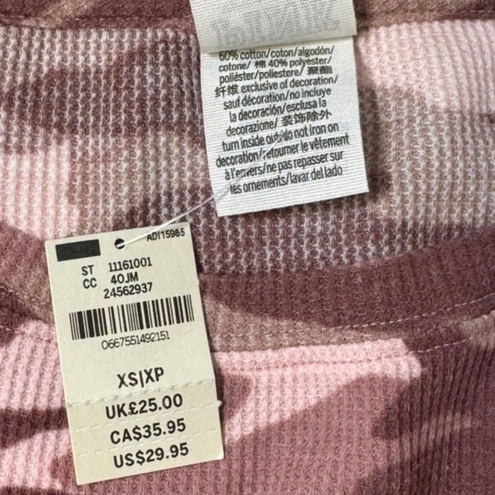 PINK Victoria's Secret Women's XS Camo Waffle‎ Knit Thermal Top Pink Long Sleeve - Picture 7 of 8